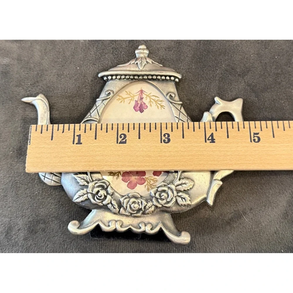 Teapot Picture Frame Silver Tone Pressed Flowers Rose Pewter Cottagecore Garden